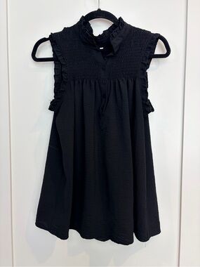 Black Smocked Ruffle Sleeveless Babydoll Tunic Top Large